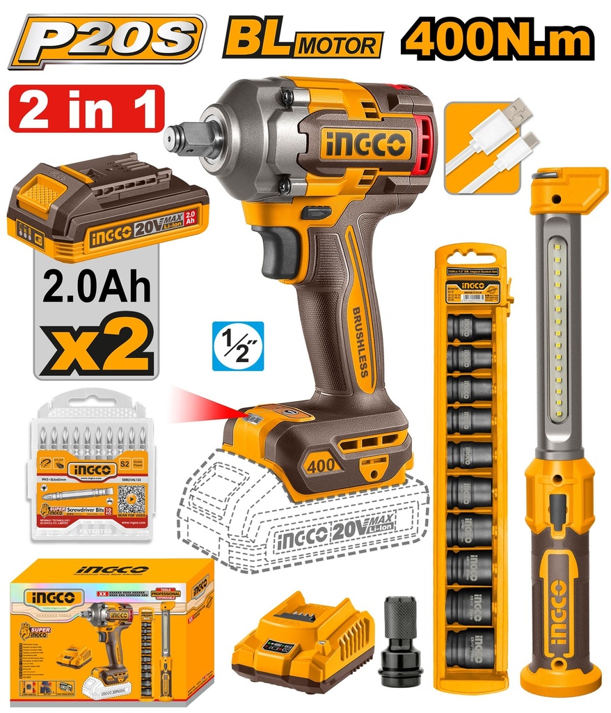 [COSLI23048] INGCO PACK BOULONNEUSE 400NM BRUSHLESS 20V+10 DOUILLES+BALADEUSE AU MAROC [COSLI23048]