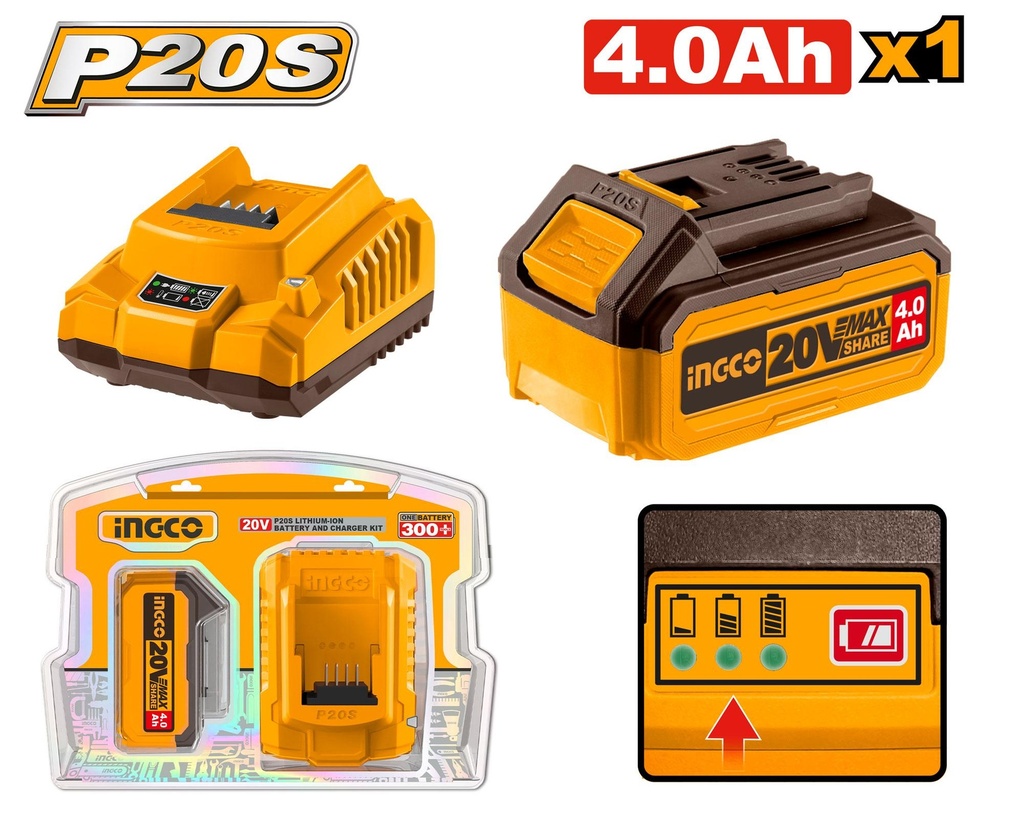 [FBCPK1214] INGCO PACK 1 BATTERIE 20V 4AH + 1 CHARGEUR RAPIDE SI AU MAROC [FBCPK1214]