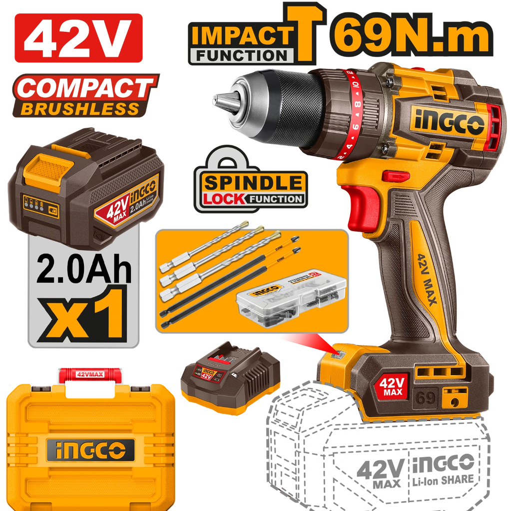 INGCO PERCEUSE À PERCUSSION SANS FIL COMPACT BRUSHLESS 69N.M 42V AVEC 1BATT ET 1 CHARGEUR AU MAROC [CIDLI426981]