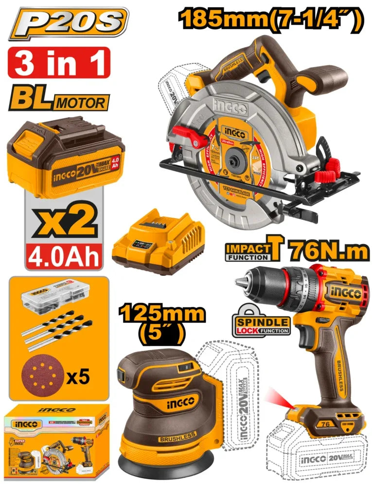 [COSLI250181] INGCO PACK DE 3 MACHINES VISSEUSE 76NM+SCIE CIRCULAIRE +PONCEUSE 125MM INGCO AU MAROC [COSLI250181]