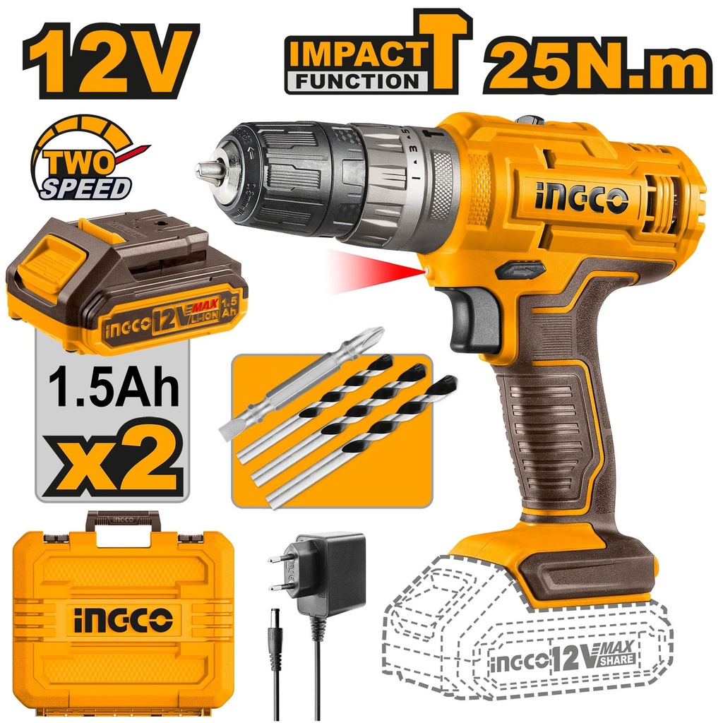 INGCO PERCEUSE VISSEUSE 12V 2 BATTERIES PLATES AU MAROC [CIDLI1228]