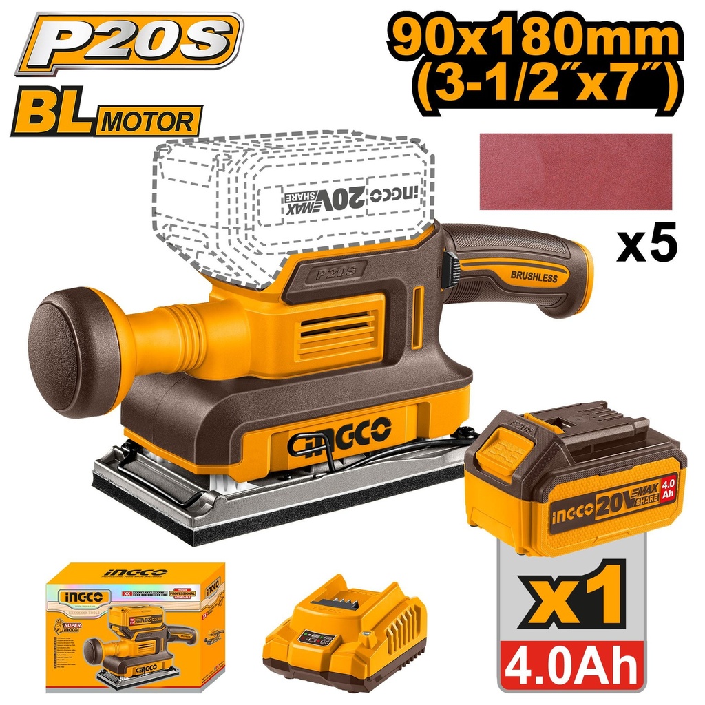 [CFSLI20311] INGCO PONCEUSE VIBRANTE BRUSHLESS 20V 90X180MM 1BATTERIE+CHARGEUR AU MAROC [CFSLI20311]