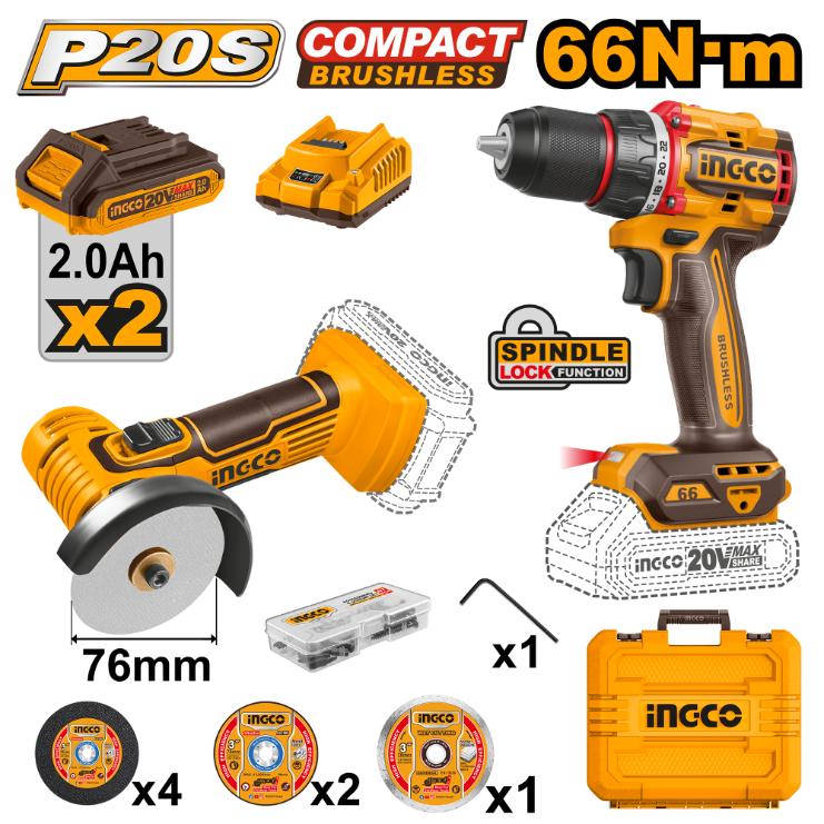 [CKLI20766] INGCO PACK 2 MACHINES VISSEUSE BRUSHLESS 20V 66NM+ MINI MEULEUSE 76MM INGCO AU MAROC [CKLI20766]