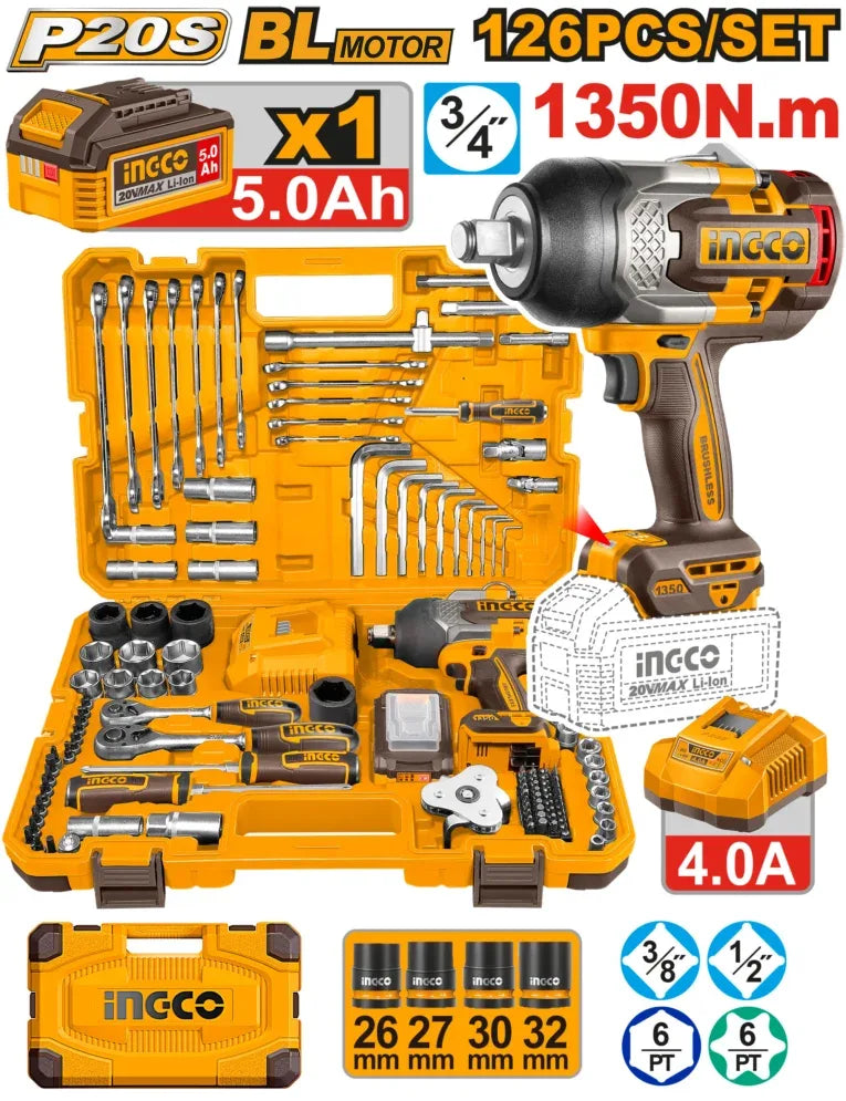 [HKTHP31261] INGCO JEU D'OUTILS POUR CLÉ À CHOCS DE BATTERIE DE 126 PIÈCES AU MAROC [HKTHP31261]