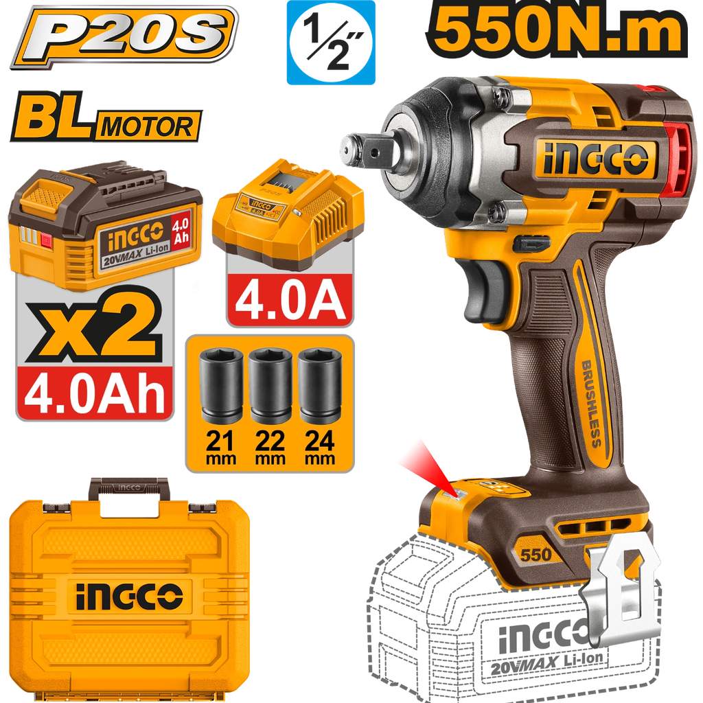 INGCO BOULONNEUSE 20V - 550N.M - AVEC 2 BATT 4,0AH ET 1 CHARGEUR AU MAROC [CIWLI2055]