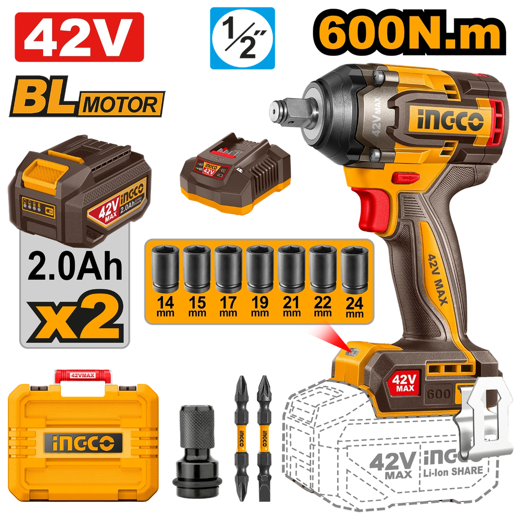 INGCO BOULONNEUSE 600N.M 42V AVEC 2BATT ET 1 CHARGEUR AU MAROC [CIWLI42602]