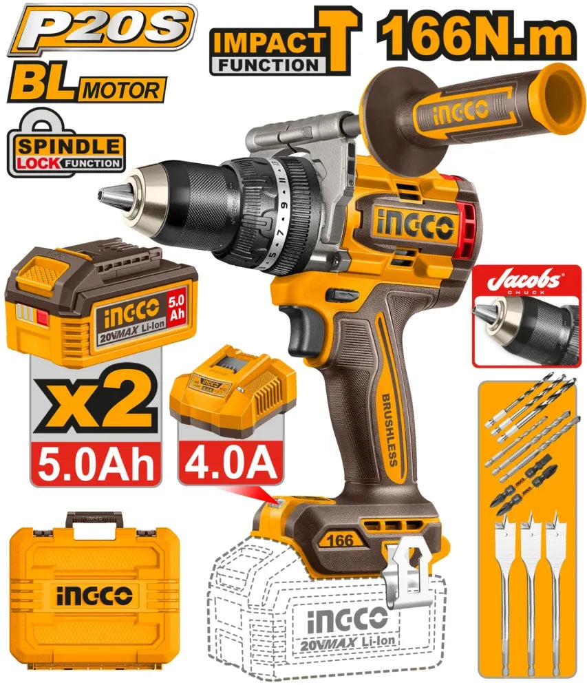 [CIDLI201668] INGCO PERCEUSE A PERCUSSION 20V SANS BALAIS - 166N.M - 2BATT 5,0AH + 1 CHARGEUR AU MAROC [CIDLI201668]