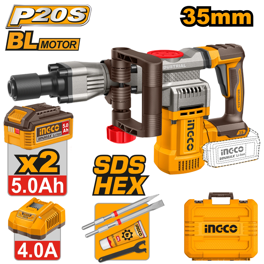 INGCO MARTEAU PIQUEUR 20V 35MM - 2BATT 5,0AH + CHARGEUR AU MAROC [CDBLI203582]
