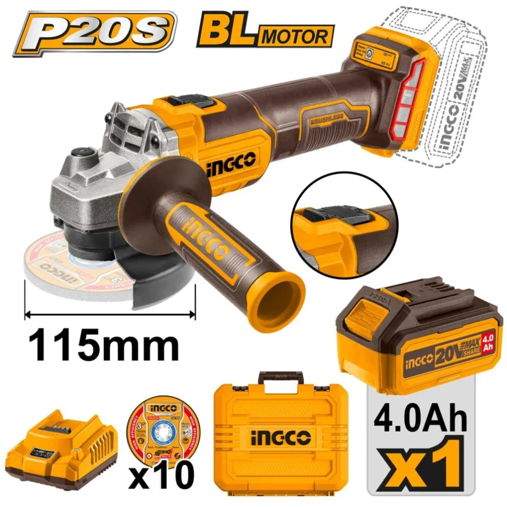 [CAGLI2011587] INGCO MALETTE MEULEUSE 115MM 20V + 1BATT 4AH + 10DISQUES AU MAROC [CAGLI2011587]