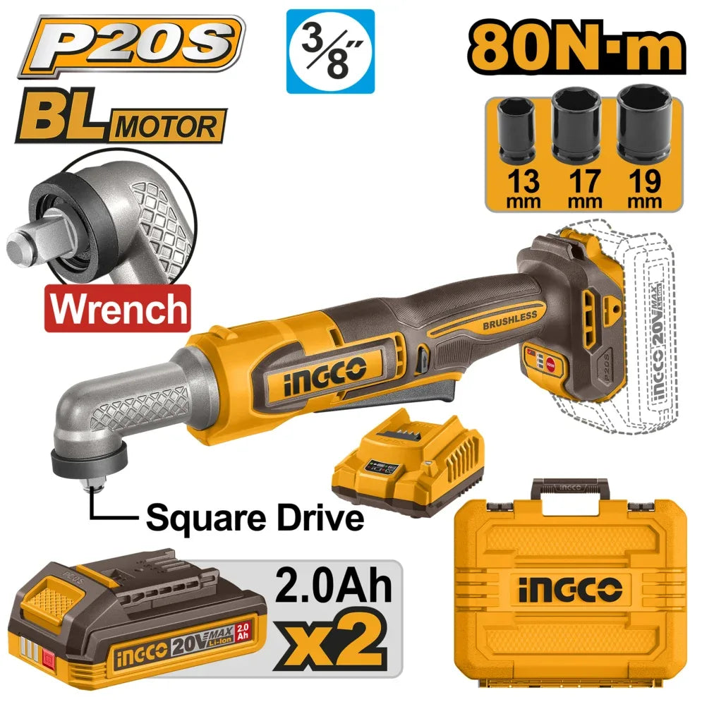 INGCO CLE A PERCUSSION ANGULAIRE 20V + 2BATT/CHARGEUR AU MAROC [CAIWLI208]