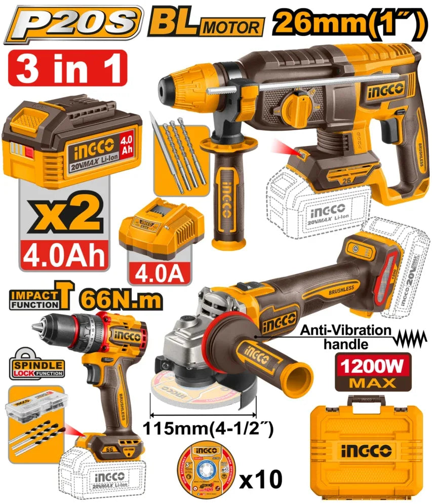 [CKLI202598] INGCO PACK DE 3 MACHINES INGCO MARTEAU+VISSEUSE+MEULEUSE 2BAT 4AH AU MAROC [CKLI202598]