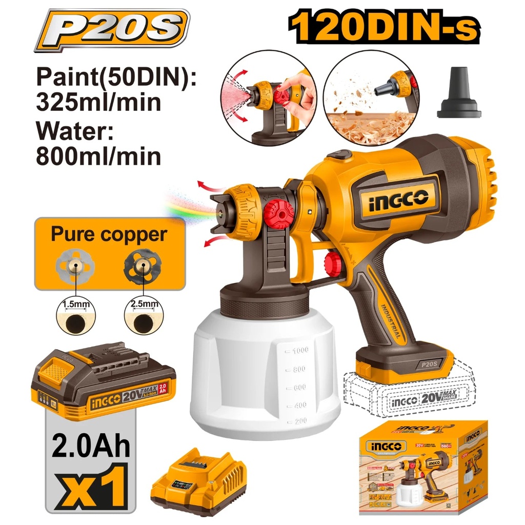 INGCO PISTOLET A PEINTURE 20V 800ML/MIN 1BATTERIE 2.0AH +CHARGEUR INGCO AU MAROC [CSGLI20042]