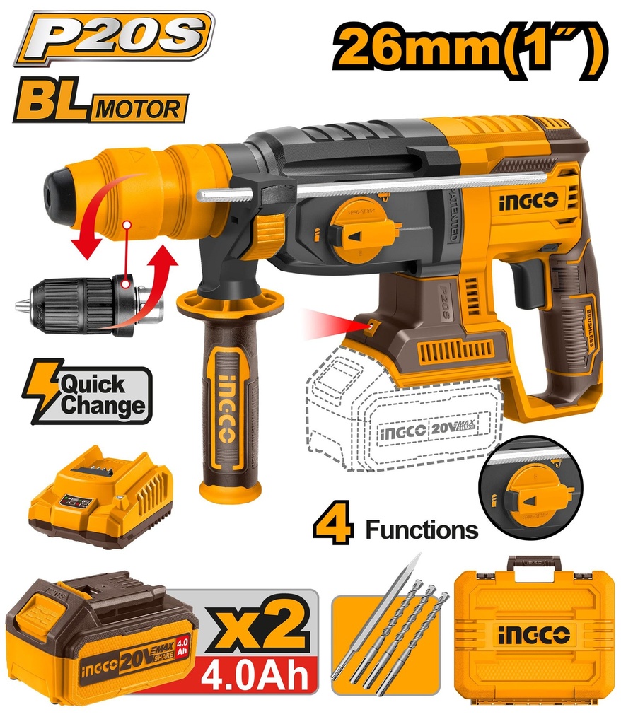 [CRHLI202289] INGCO MARTEAU PERFORATEUR 26MM 20V + 2BATTERIES 4AH DOUB AU MAROC [CRHLI202289]