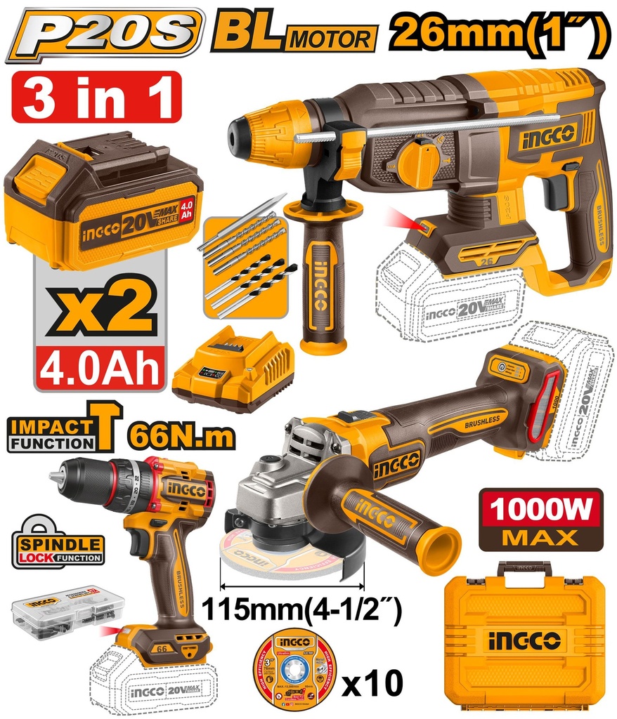 [COSLI241198] INGCO PACK PERFORATEUR+MEULEUSE+PERCEUSE 66NM BRUSHLESS AU MAROC [COSLI241198]