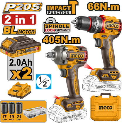 [CKLI20286] INGCO PACK 2 MACHINES VISSEUSE BRUSHLESS 66NM + BOULONNEUSE 405NM AU MAROC [CKLI20286]