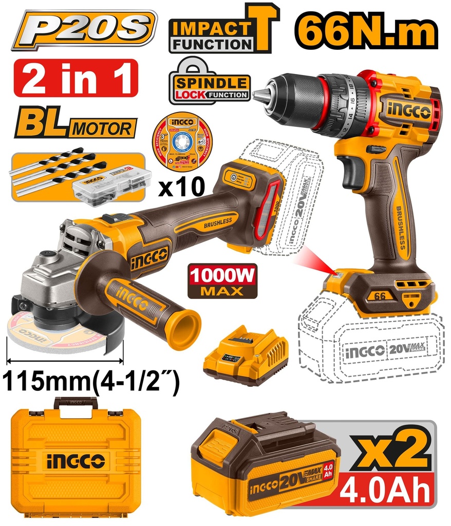 [CKLI20273] INGCO PACK 2 MACHINES MEULEUSE+VISSEUSE 66NM 20V 2X4AH AU MAROC [CKLI20273]