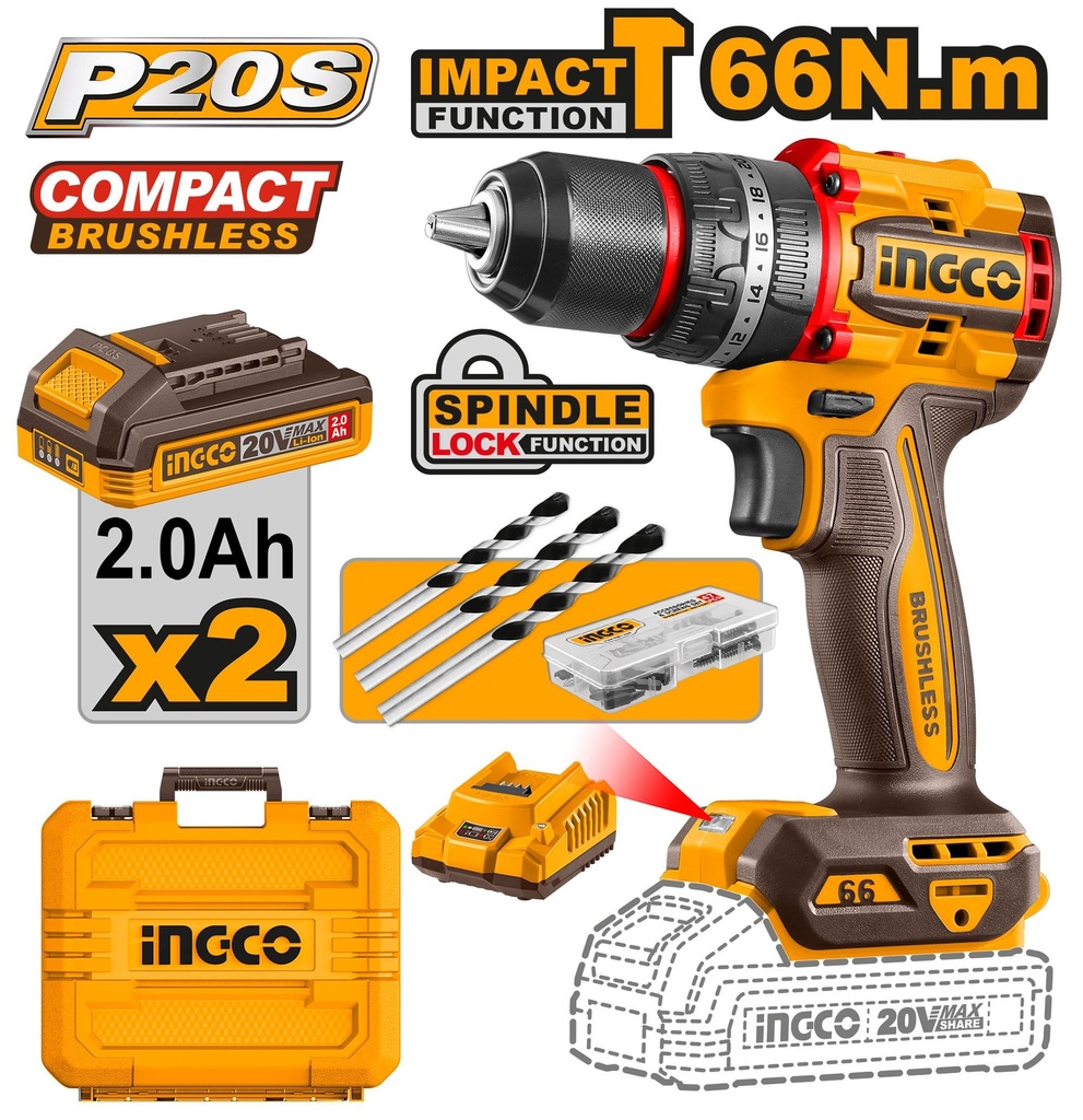 [CIDLI20668] INGCO PERCEUSE VISSEUSE 20V 66NM 2 BATT BRUSHLESS AU MAROC [CIDLI20668]