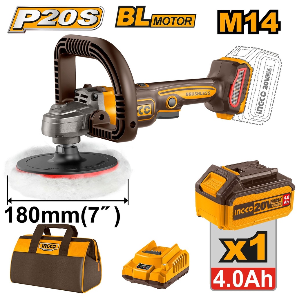 [APLI20181] INGCO POLISSEUSE SANS FIL  20V 180MM 1BATTERIE 4.0AH+CHARGEUR AU MAROC [APLI20151]