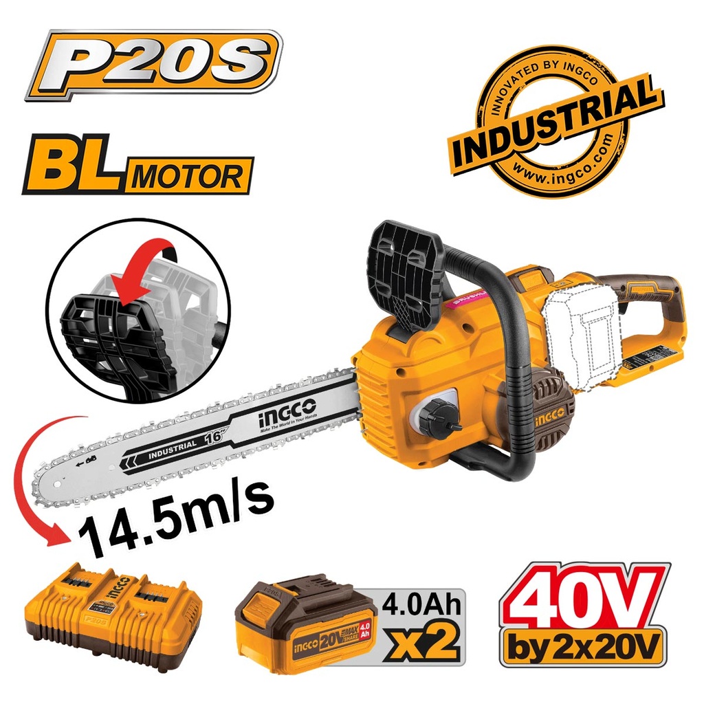 [CGSLI401682] INGCO TRONÇONNEUSE À CHAÎNE 20V 2BAT 4AH 16" 400MM AU MAROC [CGSLI401682]