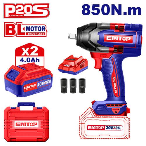 EMTOP CLÉ À CHOCS 1/2" SANS FIL 850NM + 2 BATTERIES 4.0AH [ ECIWL2085 ]