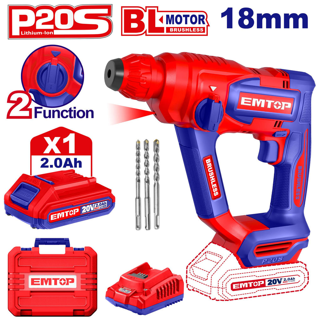 EMTOP MARTEAU PERFORATEUR 18MM SANS FIL 20V + BATTERIE 2.0AH [ ELRH201881 ]