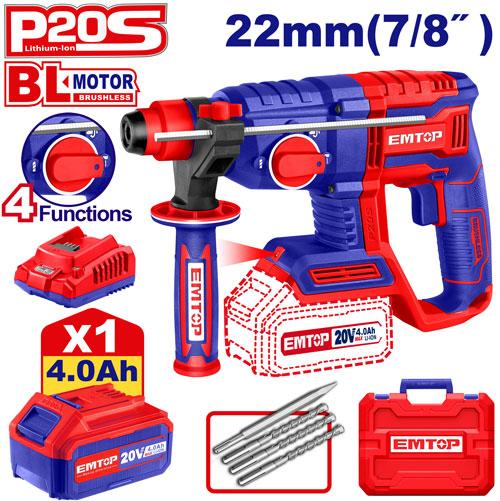 EMTOP MARTEAU PERFORATEUR 22MM SANS FIL 20V + 1 BATTERIE 4.0AH [ ELRH202081 ]