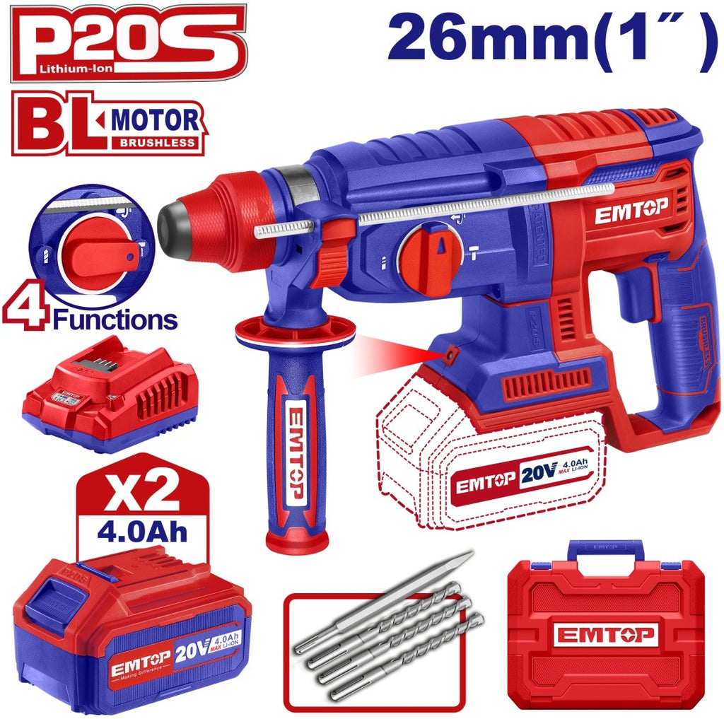 EMTOP MARTEAU PERFORATEUR 26MM SANS FIL 20V + 2 BATTERIES 4.0AH [ ELRH202682 ]