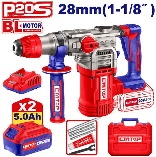 [ELRH202885] EMTOP MARTEAU PERFORATEUR 28MM SANS FIL 20V + 2 BATTERIES 5.0AH [ ELRH202885 ]