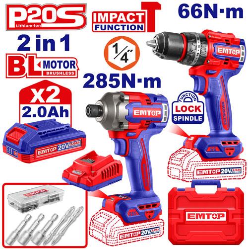 EMTOP PACK PERCEUSE À PERCUSSION 66NM + VISSEUSE À CHOC 285NM + 2 BATTERIES 2.0AH [ ECKL20277 ]
