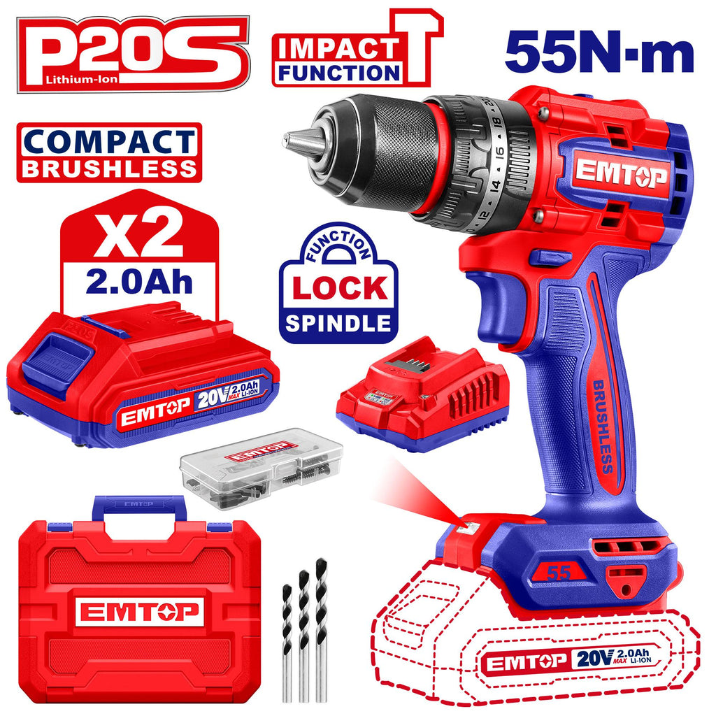 EMTOP PERCEUSE/VISSEUSE À PERCUSION SANS FIL 20V  55NM + 2 BATTERIES 2.0AH [ ECIDL20558 ]