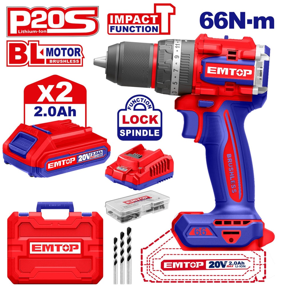 [ECIDL20668] EMTOP PERCEUSE/VISSEUSE À PERCUSION SANS FIL 20V 66NM + 2 BATTERIES 2.0AH [ ECIDL20668 ]