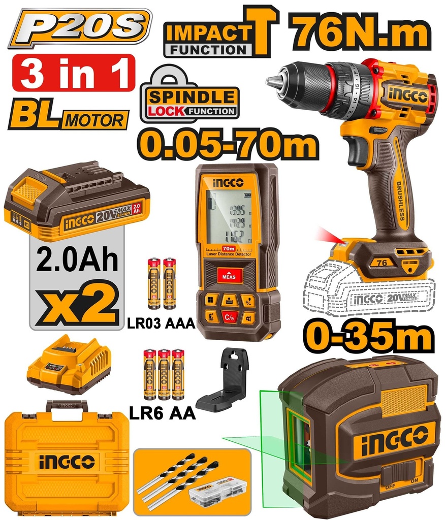 [COSLI250511] Pack INGCO 3 en 1 : Visseuse 76Nm + Télémètre 70m + Niveau Laser | COSLI250511