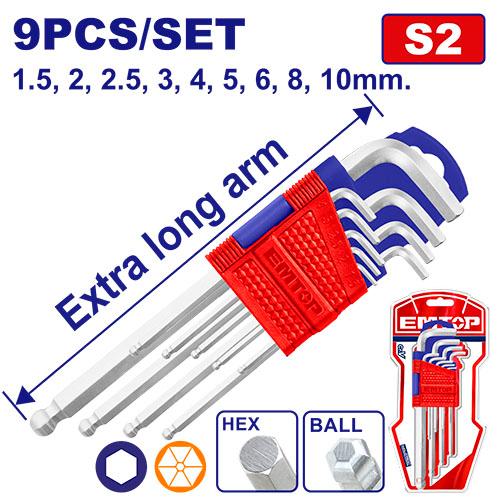 Jeu de 9 clés hexagonales à pointe sphérique extra long EMTOP | EHKY2092