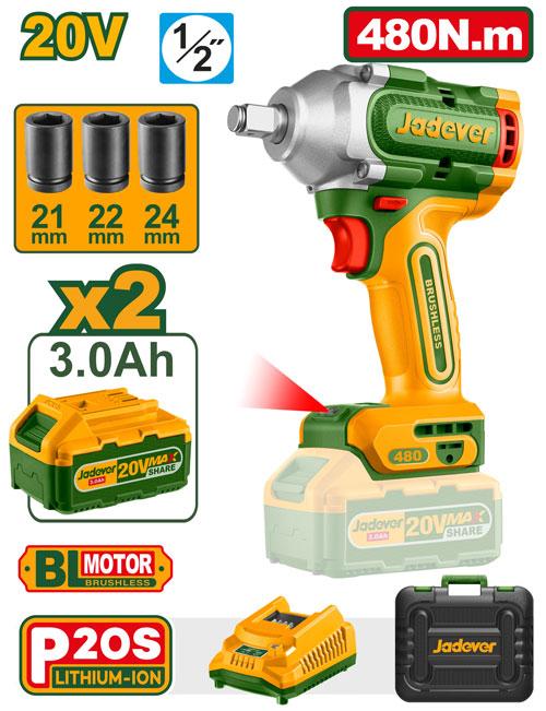 [JDCD1B48] JADEVER BOULONNEUSE BRUSHLESS 20V 1/2 480NM 2 BATTERIES 3.0AH AU MAROC [JDCD1B48]