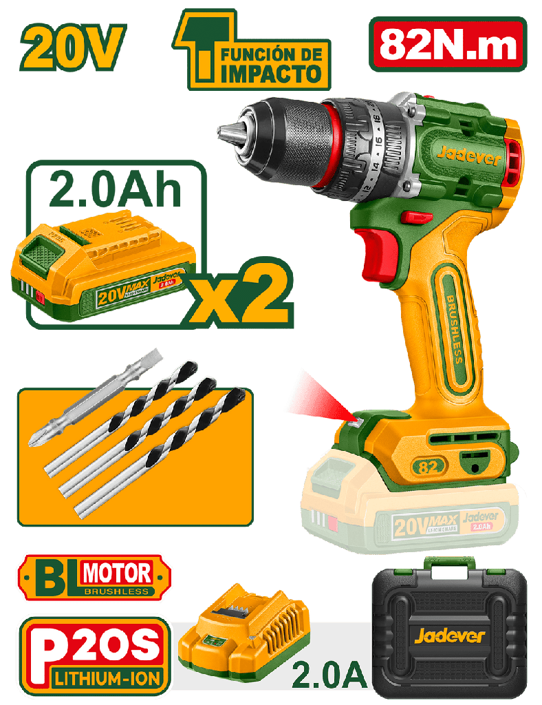 JADEVER PERCEUSE À PERCUSSION 20V 82N.M +2BATT 2,0AH/CHARGEUR JADEVER AU MAROC [JDCDP8285]