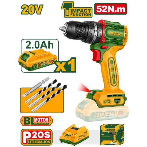 [JDCDP5282] JADEVER PERCEUSE À PERCUSSION 20V COMPACTE BRUSHLESS 52N.M AVEC 1 BATT 2,0AH+CHARGEUR AU MAROC [JDCDP5282]