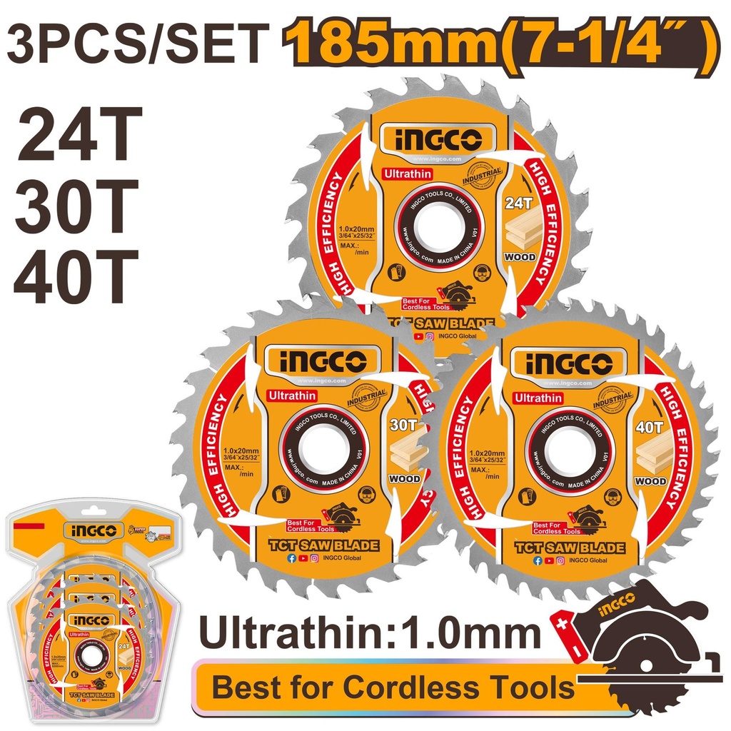 [TSB18503] INGCO JEU 3LAME SCIE CIRCULAIRE 185MM 24-30-40T AU MAROC [TSB18503]