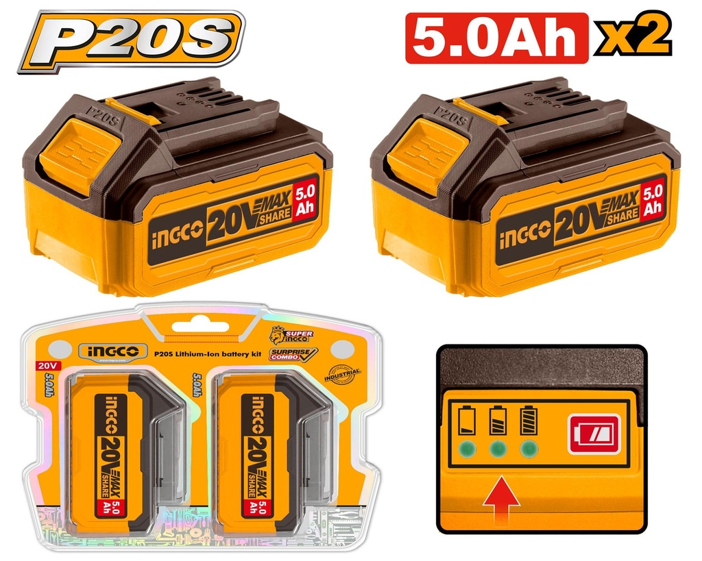 [COSLI240464] INGCO PACK 2 BATTERIE 20V 5AH AU MAROC [COSLI240464]