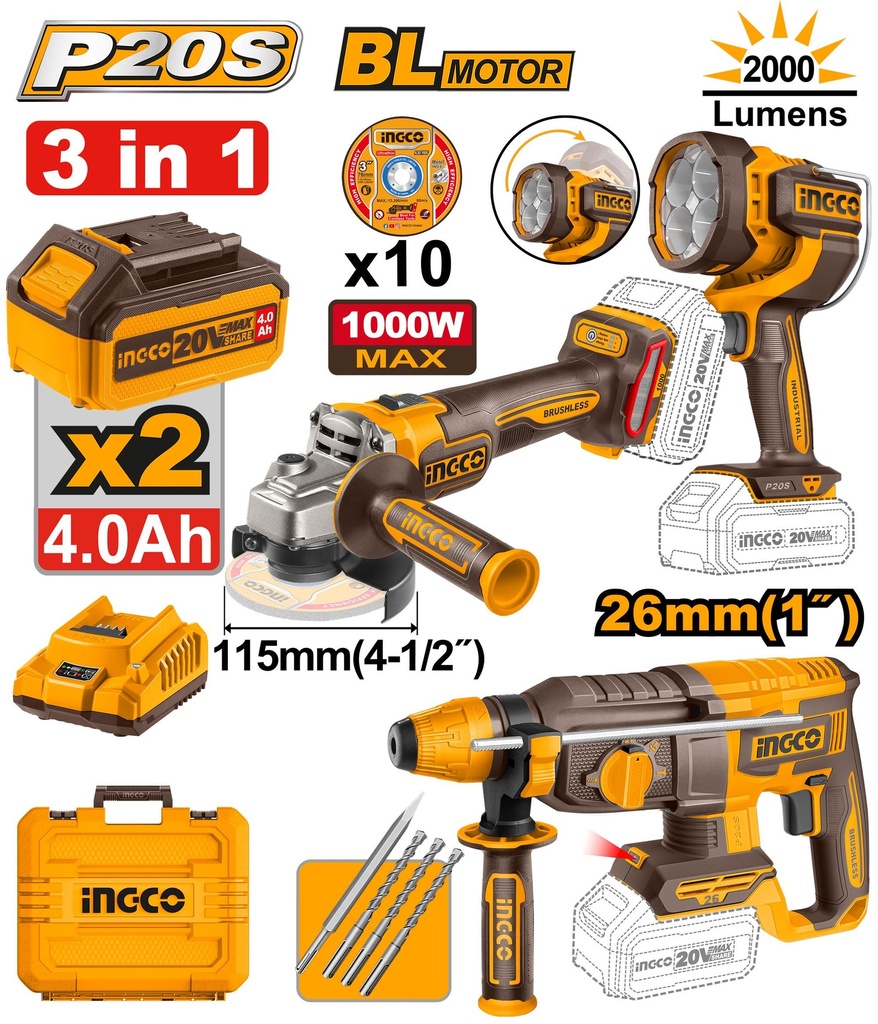 INGCO KIT COMBINÉ SANS FIL 3 PIÈCES AU MAROC [COSLI250183]