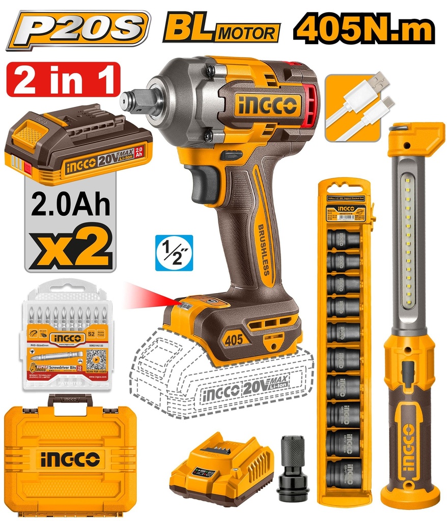 [COSLI23056] INGCO PACK COMBO BOULONNEUSE 405NM + DOUILLES + LAMPE DE TRAVAIL AU MAROC [COSLI23056]