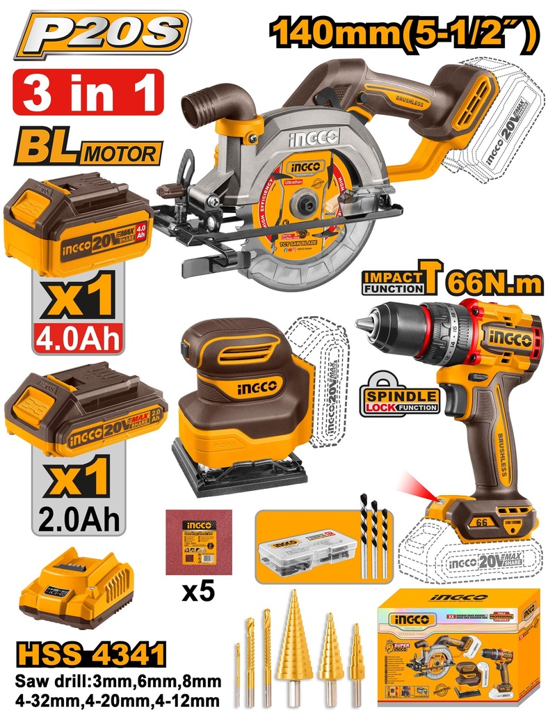[COSLI241193] INGCO PACK DE 3 MACHINES VISSEUSE/SCIE CIRCULAIRE/PONCEUSE INGCO 2 BATT 2AH/4AH AU MAROC [COSLI241193]