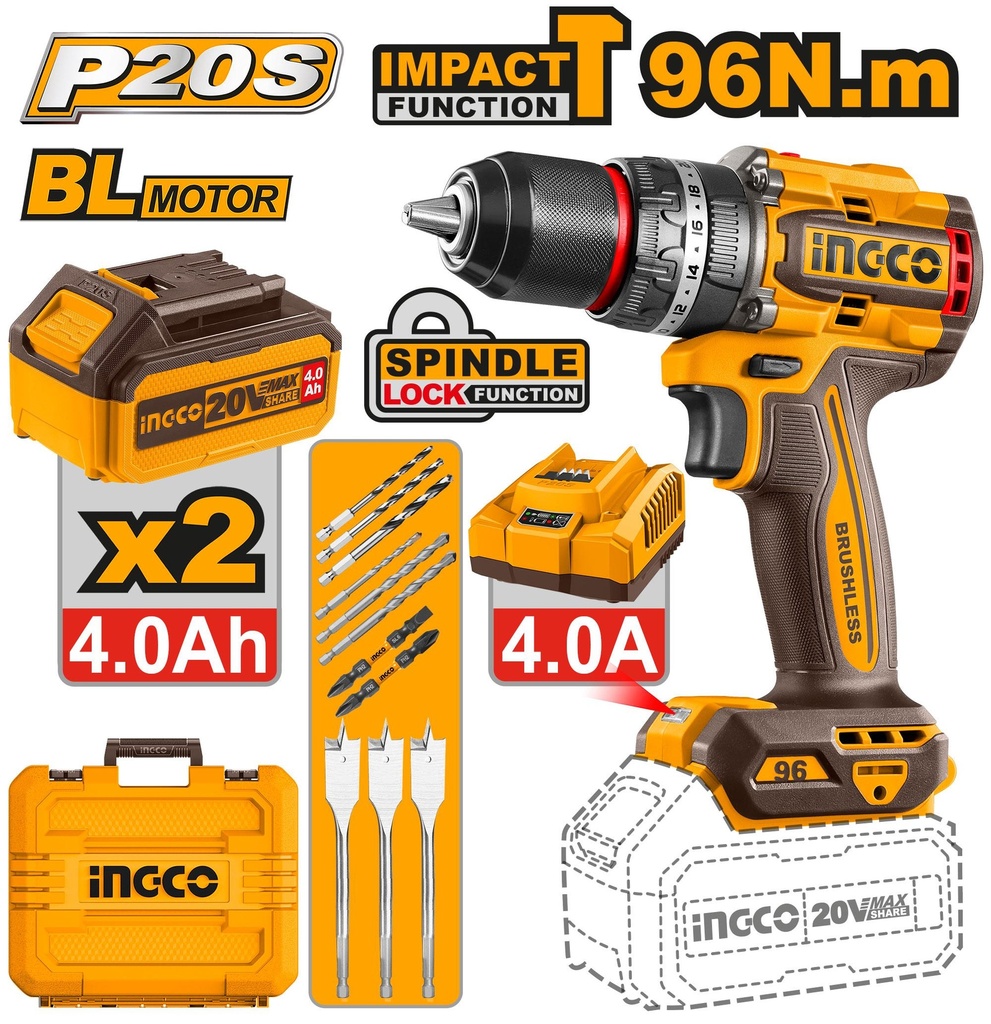 [CIDLI20968] INGCO PERCEUSE-VISSEUSE BRUSHLESS 96NM BALAIS AU MAROC [CIDLI20968]