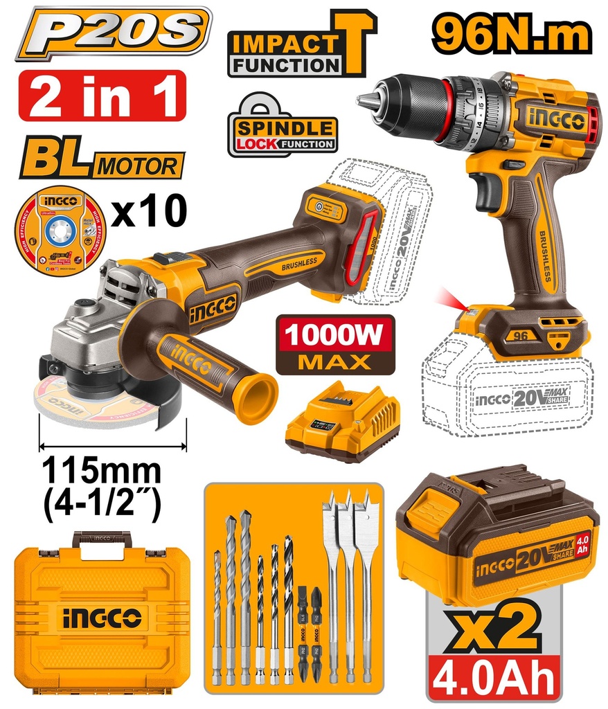 [COSLI241298] INGCO PACK 2 MACHINE MEULEUSE VISSEUSE 20V + 10 ACCESSOIRES AU MAROC [COSLI241298]