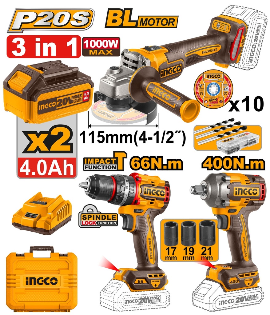 [COSLI241291] INGCO PACK PERCEUSE+MEULEUSE+BOULONNEUSE BRUSHLESS 20V AU MAROC [COSLI241291]