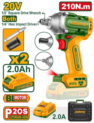 BOULONNEUSE BRUSHLESS 2EN1/ 20 V ET CLÉ A CHOC 1/4 2BATT +CHARGEUR JADEVER